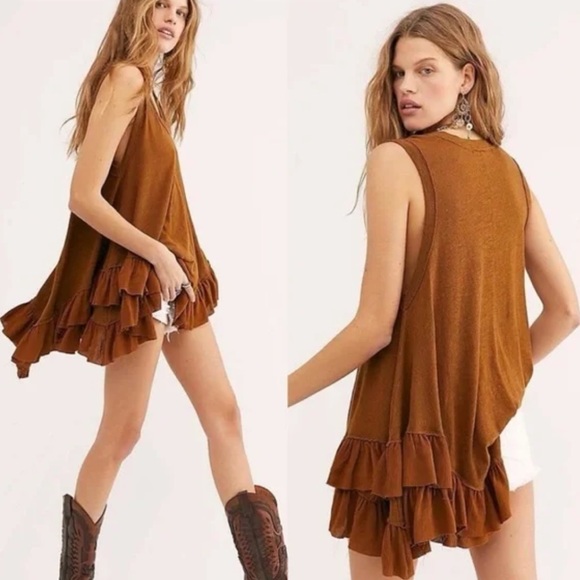 Free People Tops - Free People We The Free cinnamon brown Sasha Shimmy ruffle linen slouchy tunic